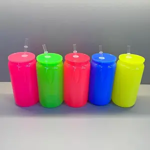 25/50 Pack Sublimation 16oz Neon Color Cup Beer Glass/Plastic Can Summer Colorful Soda Cans, Cups With Plastic Lids