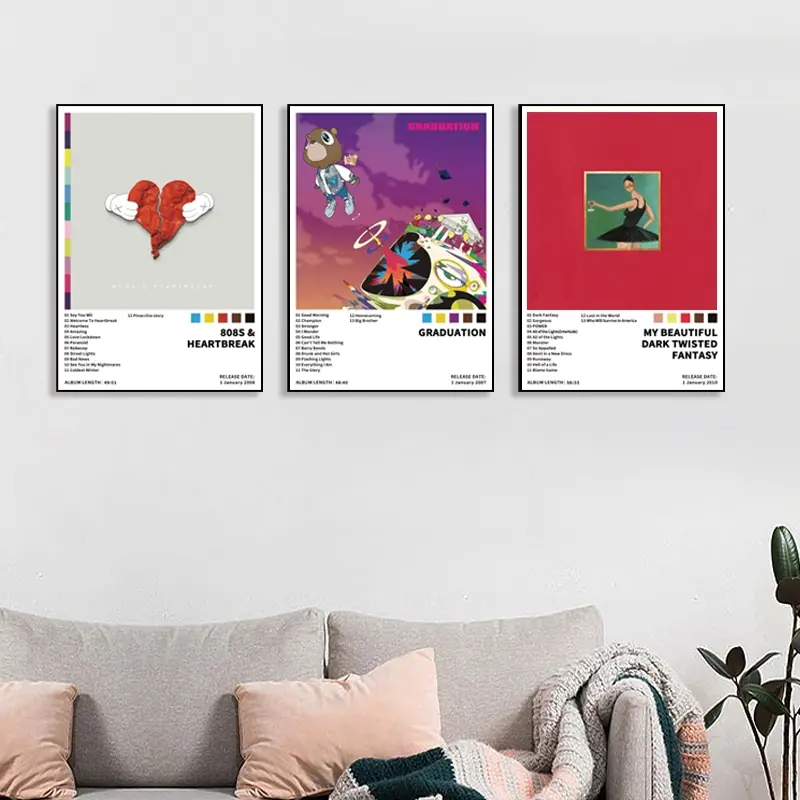 3-piece set of 808s & Heartbreak/Graduation/My Beautiful Dark Twisted Fantasy music album cover canvas posters, Canvas Art And Prints For Walls, Canvas Material, hip-hop R&B style, retro style, home decor, Frameless design