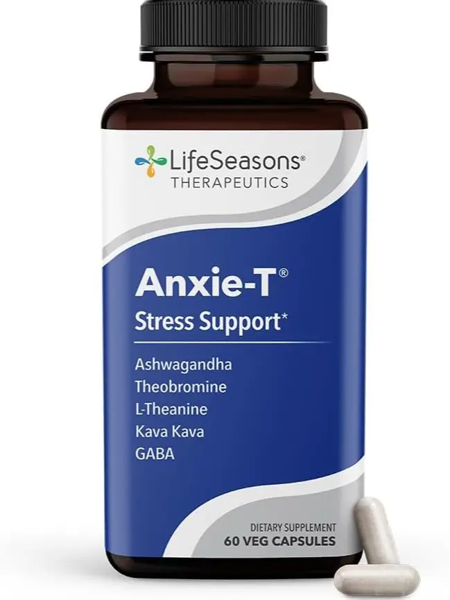 LifeSeasons Anxie-T Stress Relief Supplement - 60 Capsules Calm & Relaxed Mood Support with Ashwagandha, Kava Kava, GABA & L-Theanine for Mental Focus & Tension