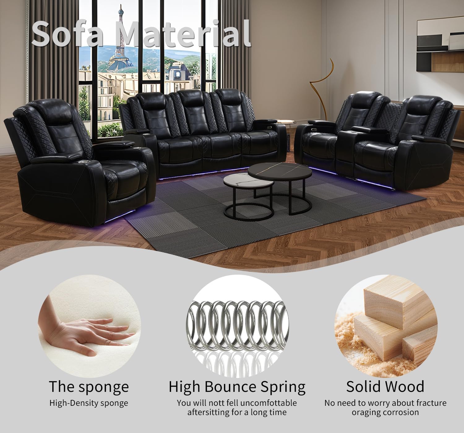 5-Seat PU Leather Recliner Sofa Set - Sturdy, Durable Indoor Living Room Furniture with LED Lights, Coffee Table, Storage Console, Cup Holder, USB Ports, Ergonomically Adjustable Recliner Chair