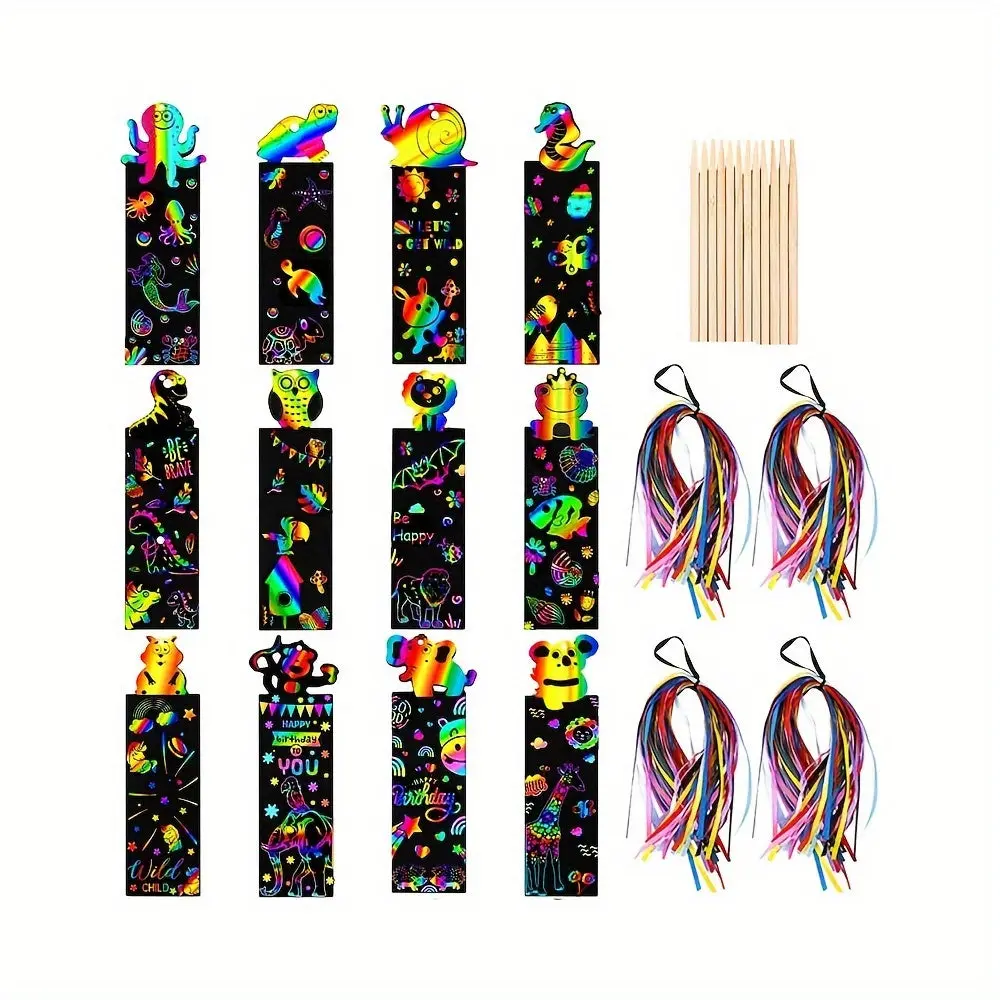 48 Pcs Animal Scratch Art Bookmark Kit with 16 Wooden Styluses & 48 Satin Ribbons for Kids Magic Rainbow DIY Craft Set for Creative Fun