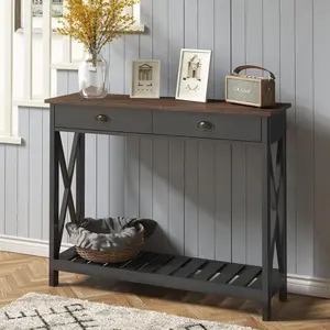 Farmhouse Console Table with Drawer for Entryway, Narrow Long Entry Table with Shelf for Living Room, Rustic  Hallway Sofa Table with  X Supports, 40 Black