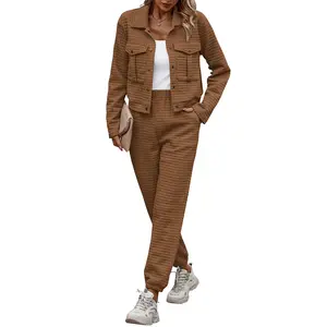 PrettyGarden Women's 2-Piece Outfits Tracksuit Long Sleeve Button Down Shacket Jacket Pockets Long Pants Casual Set