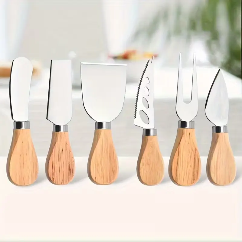 6pcs Mix Styles Stainless Steel Cheese Knife Set with Teak Handles - Party Ready Charcuterie Board Accessory, Butter Spreader, Premium Gift Boxed Kitchen Gadget for Dessert Tables