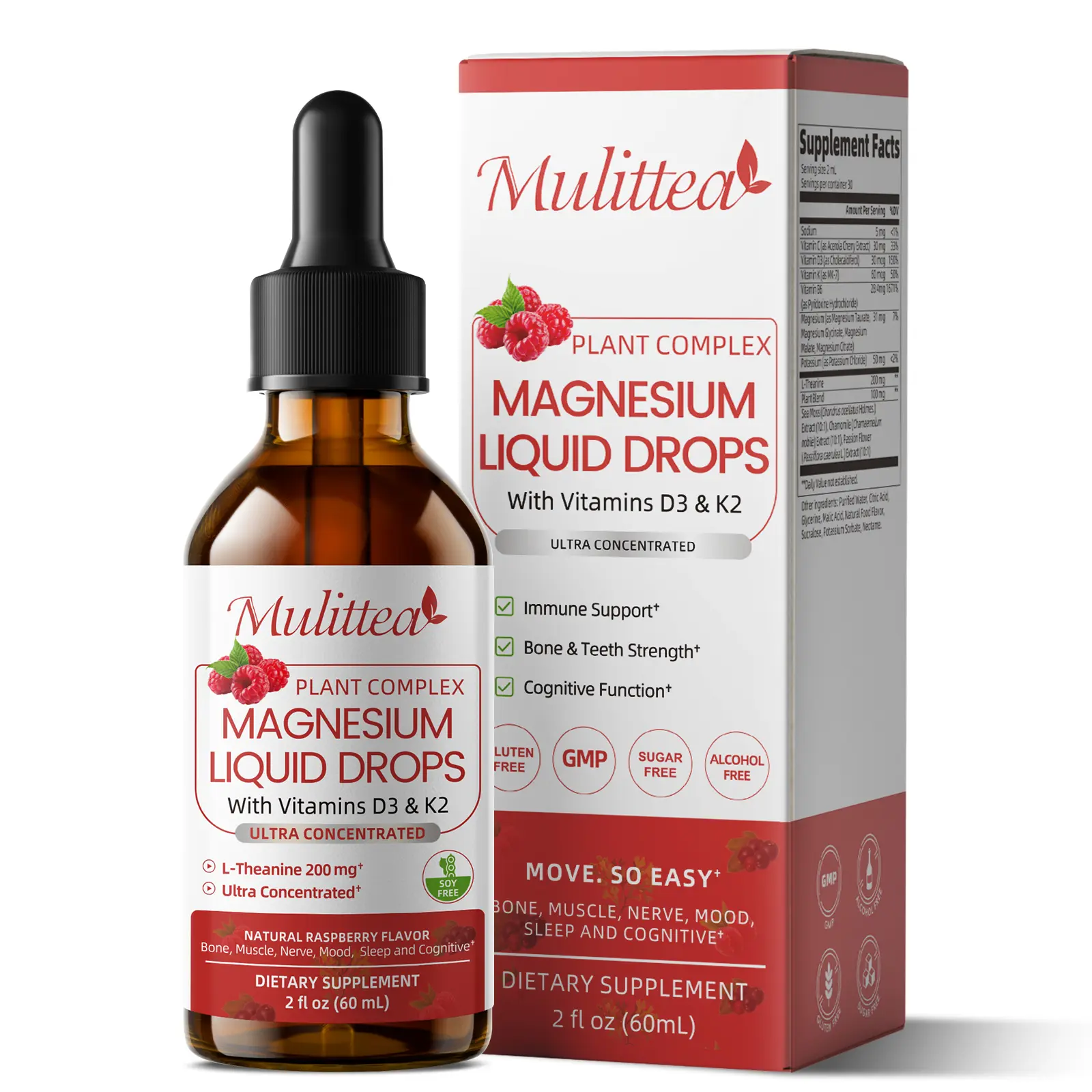 Magnesium Glycinate Liquid Drop - Triple Absorption Supplement to Support Nerves, Sleep, Calm, Heart, Muscles -Sugar Free with Potassium, L-Theanine, Sea Moss，Vitamin B,C,D3, K2，Raspberry Flavor