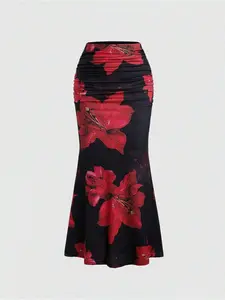 Elegant Women's Floral Print Mermaid, Slim-Fit Polyester Fabric, Spring & Fall Fashion, Long Flowy Design, Chic Elegant Skirt