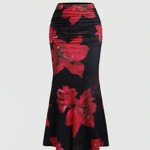 Elegant women's printed mermaid, slim fit polyester fabric, spring and autumn fashion, long flower design, chic and elegant skirt