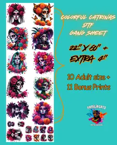 Colorful Catrinas Dia de los Muertos DTF Gang Sheet - 22"x60"