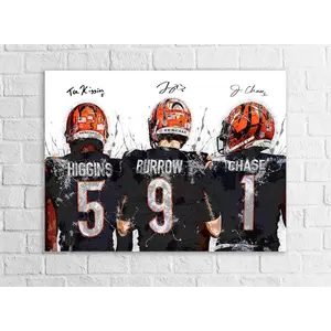 Joe Burrow, Ja'Marr Chase, Tee Higgins, Cincinnati Bengals, Canvas Wrap or Museum-Quality Poster, Fine Art, Man Cave, Kids room, Office
