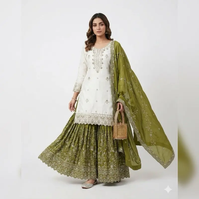 Lady Women's Original Traditional Indian Gharara Suit - White Top, Green Skirt, Matching Dupatta - Women's Traditional Clothes