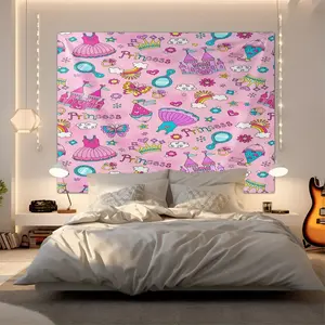 Vibrant Princess Themed Digital Print Tapestry, Whimsical Wall Hanging for Kids Room, Featuring Pink Castles, Purple Dresses, and Cute Cartoon Elements, for Brightening Up Bedrooms and Play Areas, Cheerful Wall Decor and Magical Room Aesthetic