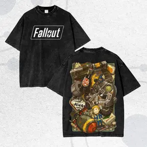 Fallout T-Shirt Vintage Mineral Wash Oversized Graphic Tee | Vault Boy Nuka Cola Power Armor Back Print | Epic Wasteland RPG