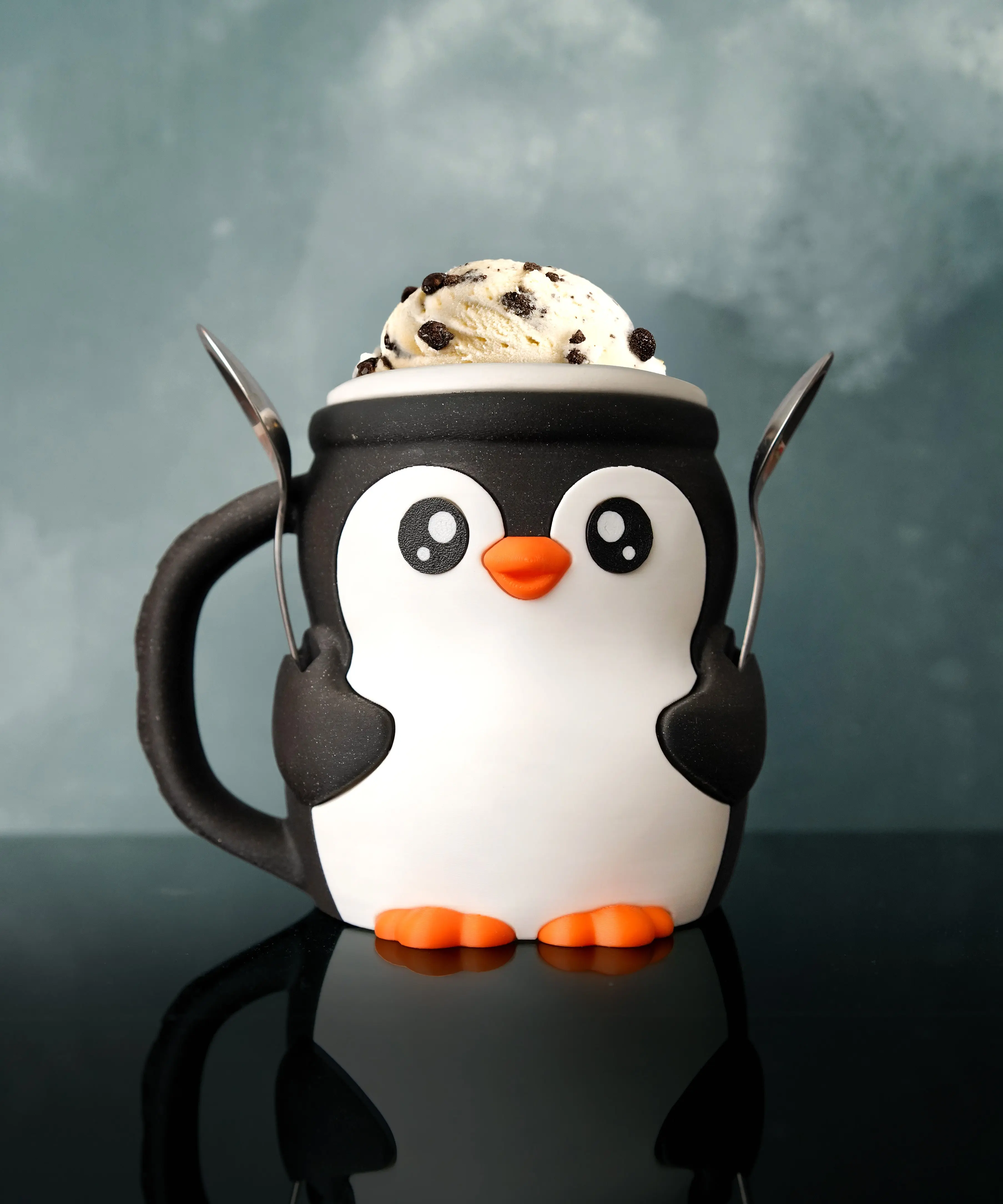 Penguin-Shaped 3D Printed Ice Cream Pint Holder with Spoon Slots & Cookie Drawer Eco-Friendly PLA Material Unique Dessert Storage Container