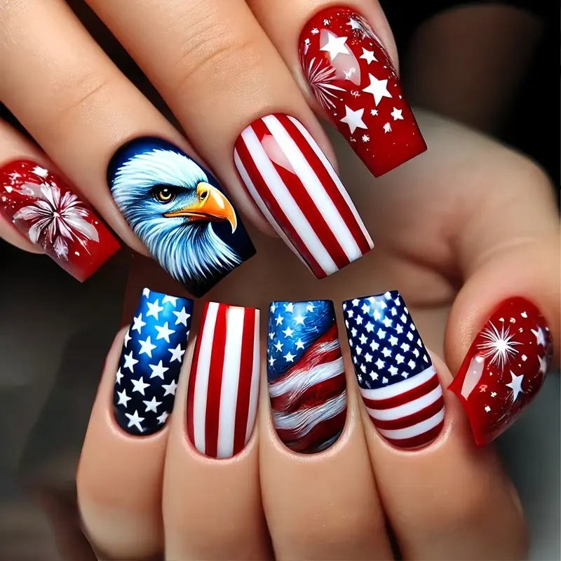 24pcs Medium Square Independence Day Full Coverage Glossy Artificial Decorative Nails, Festive Looks, Eagle American Flag Design, Blue Nail Art, Summer Nails