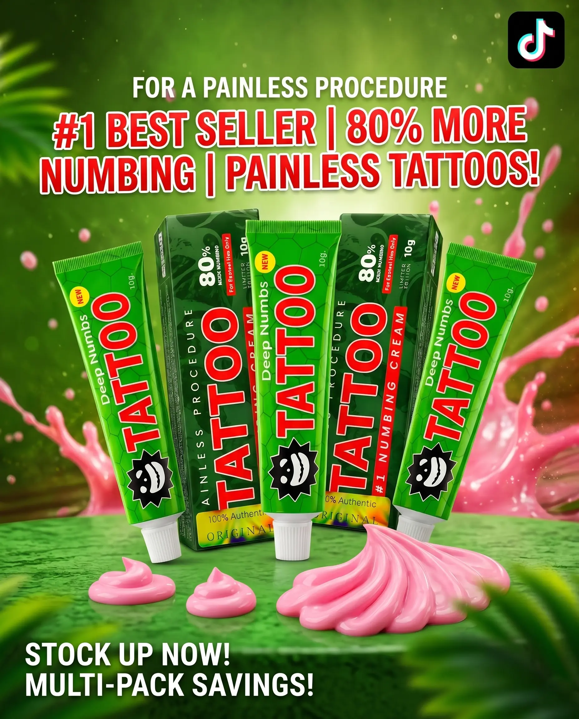 Tattoo Numbing Cream - Green 80% International -  Pain Free Tattoos - Effective Numbing Formula for No-Distraction Tattoos