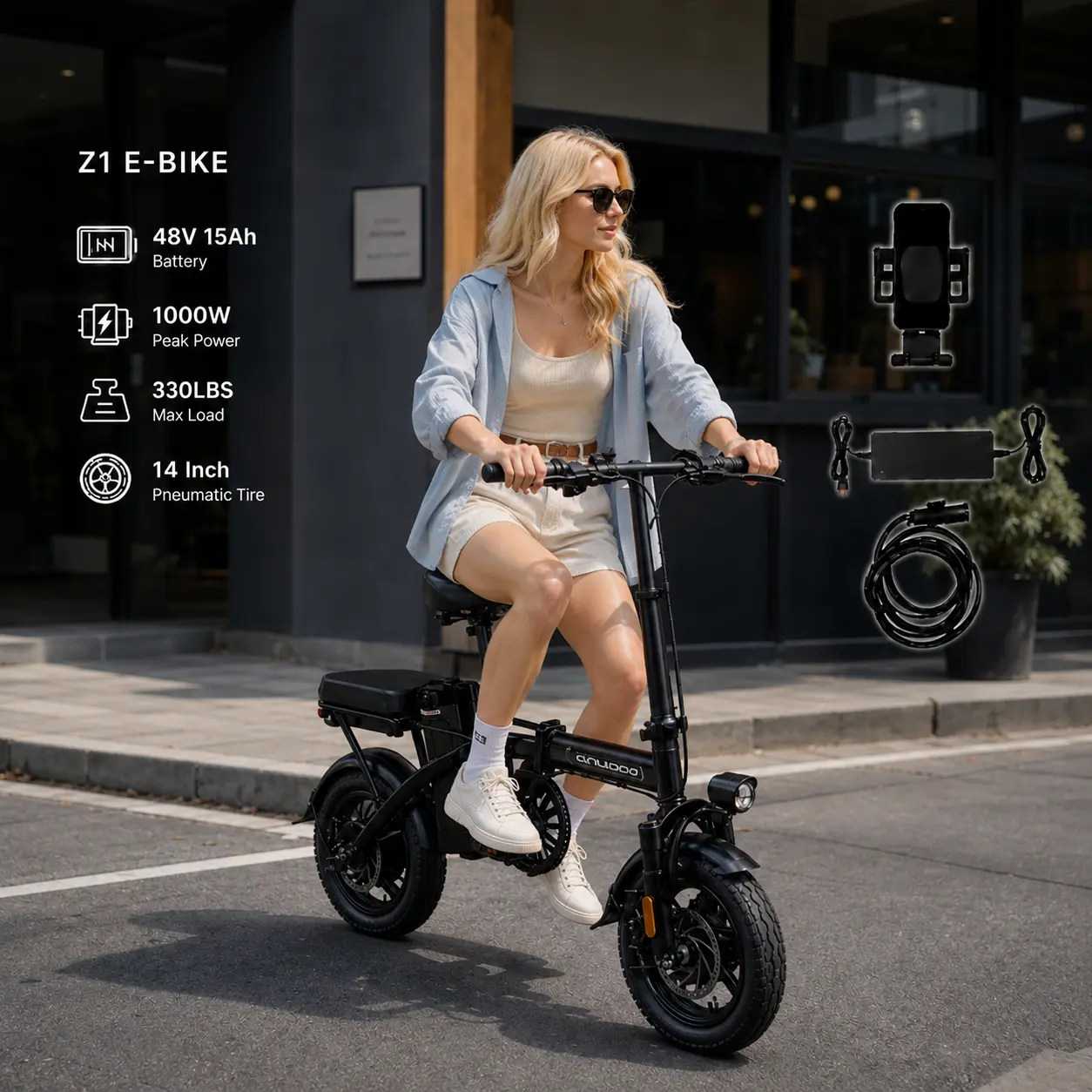 1000W Peak Folding Electric Bike for Adults, 14" Fat Tire Mini E-Bike with 48V 15Ah Battery, 330 lbs Max Load for City Commuting tall all-terrain
