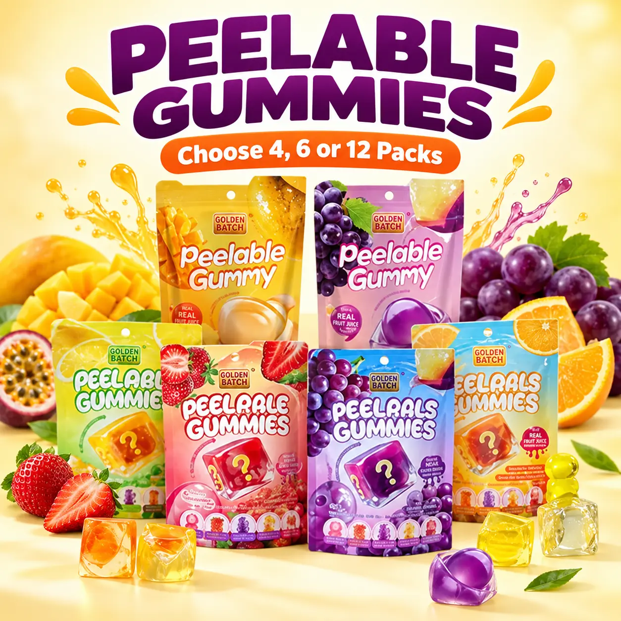 GOLDEN BATCH Peelable Gummy Candy Variety Pack | 4, 6 or 12 Packs | Soft & Chewy Double-Layer Fruit Gummies | Individually Wrapped | Halal Certified