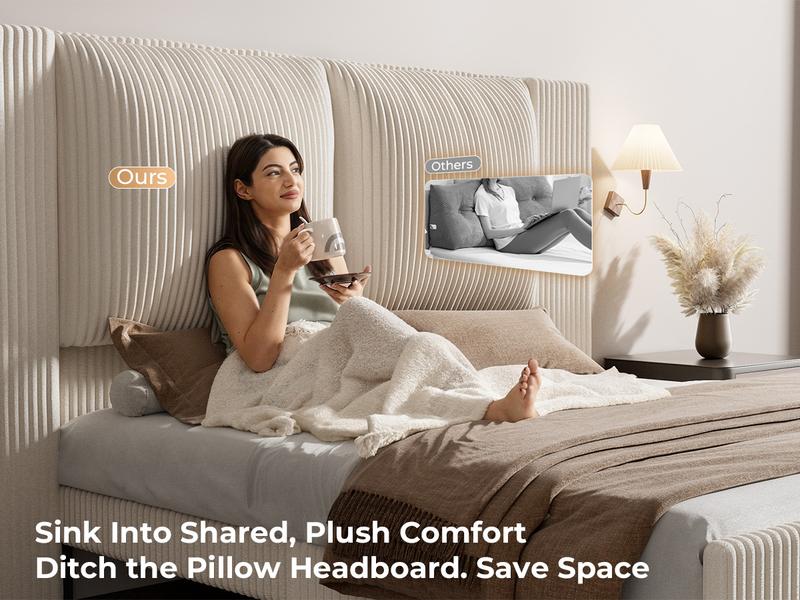 【Holiday Haul】King Size Upholstered Bed Frame girl with 51" Tall Headboard, Platform Bed with Widened Corduroy Cushion, Easy Assembly, No Box Spring Needed, cozy bed frame