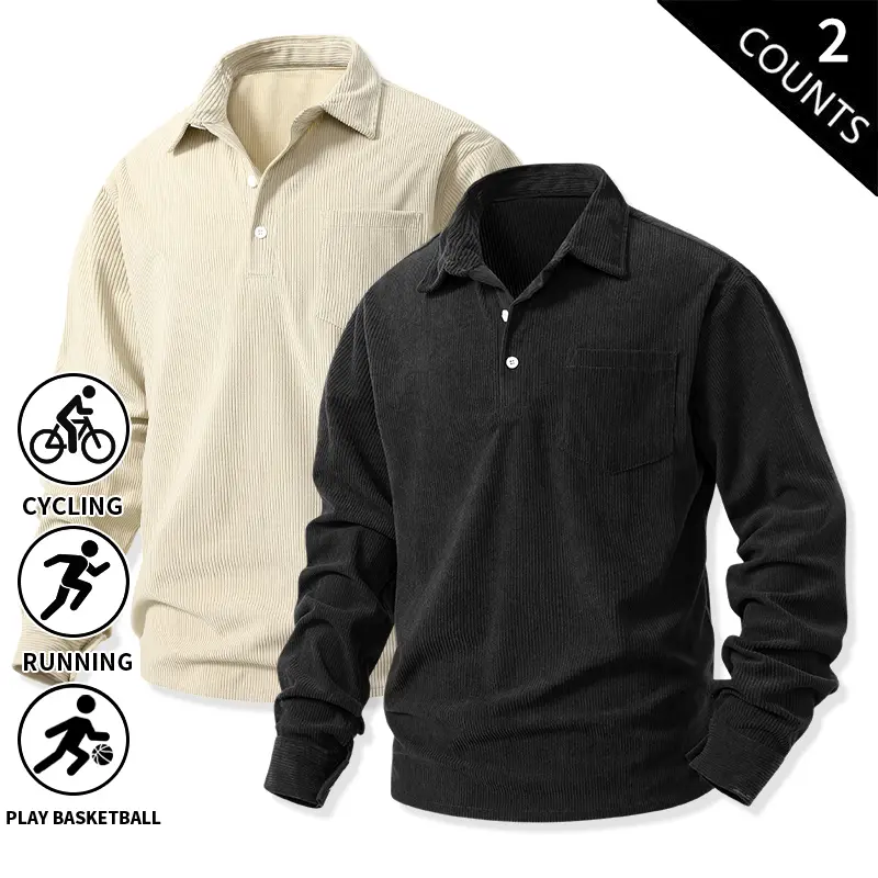 2-Pack Men’s Corduroy Long-Sleeve Polo Shirts – Casual Lapel Collar Pullover Sweatshirts with Chest Pocket, Soft Loose Fit, Ideal for Daily Wear, Cycling, Running, Basketball; Athletic Tops, Fall/Winter Basic Outfits for Men