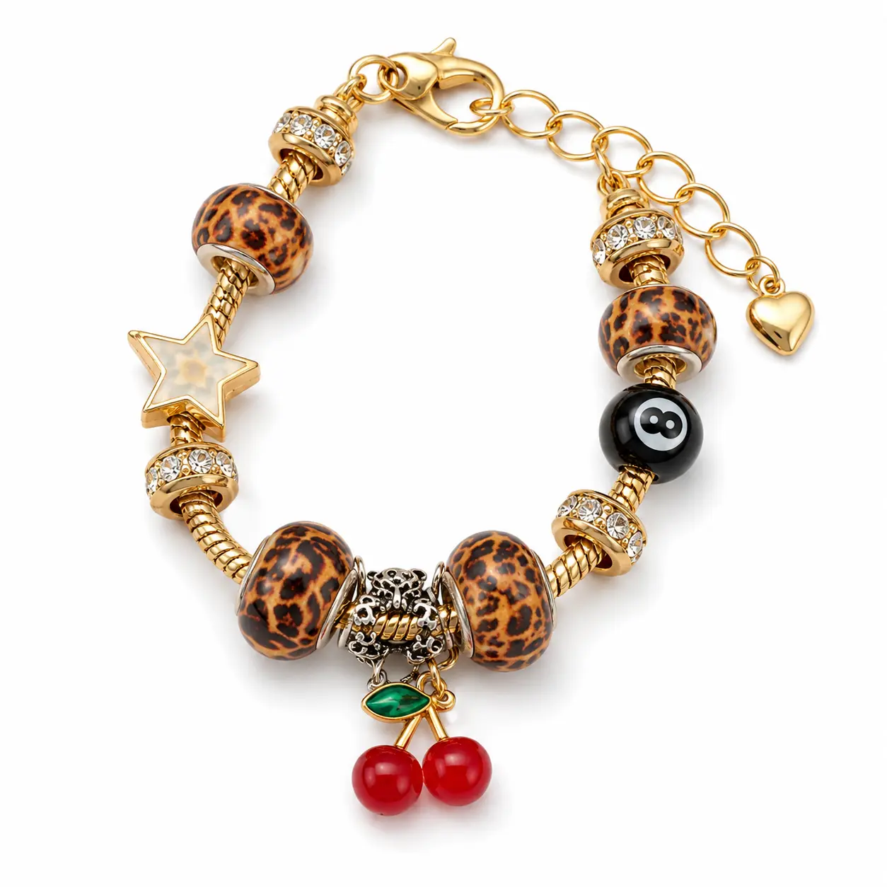 Y2K Leopard Bead Charm Bracelet for Women, Gold Tone Cherry Pendant Bracelet, Cute Star & 8 Ball Fashion Jewelry