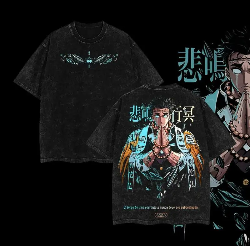 Stone Hashira Gyomei Himejima Demon Slayer Kimetsu No Yaiba Anime Double Printed Acid Washed Top graphic tee