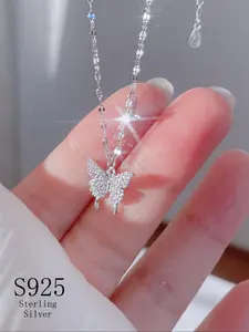 925 Sterling Silver Butterfly Design Pendant Necklace, Fashion Rhinestone Decor Necklace for Party, Daily Decor, Trendy All-match & Exquisite Jewelry for Birthday Gift