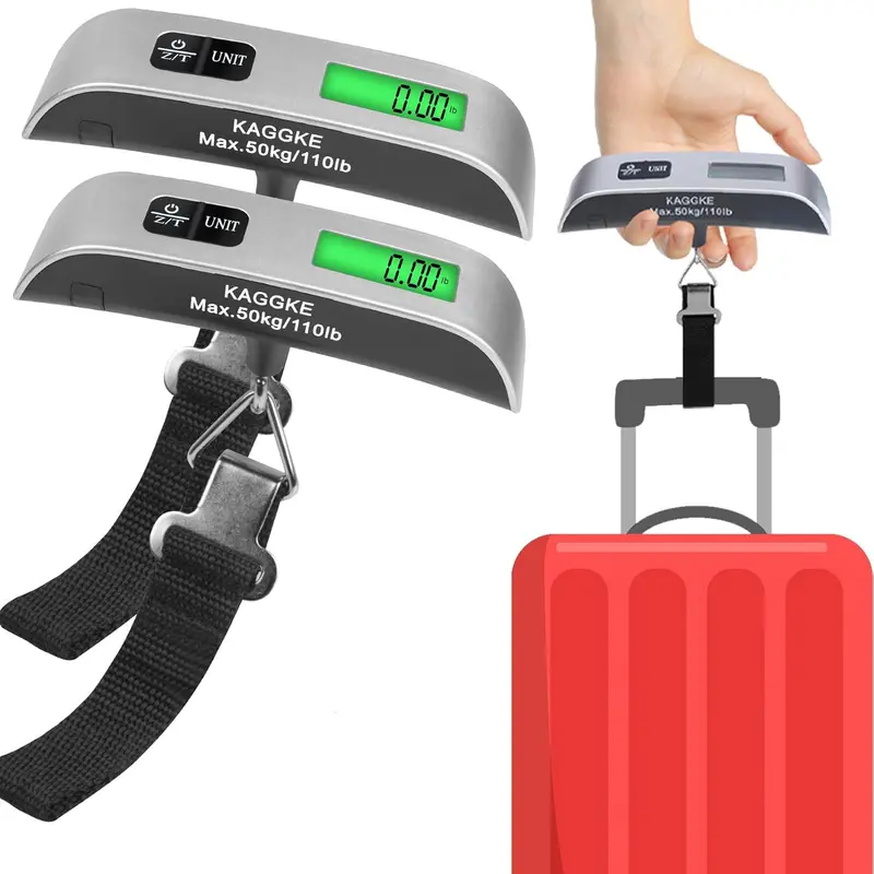 2 Pcs Hard Compact Silver Digital Luggage Scale - Portable Hanging Baggage Scale with Hook, LCD Display, Temperature Display, 110LB/50KG (pounds/kg) Capacity, Included Battery, Traveling Gadgets Great for Airport Check-ins