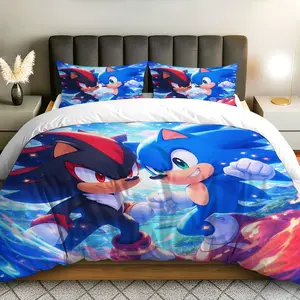 3PCS Duvet Cover Set, 1 Duvet+2 Pillowcases(Without filler), Sonic Shadow  Gaming Adventure theme, Christmas bedding set,  Room Decor Gift Bedroom Suitable for decoration Bedroom Dorm Apartment