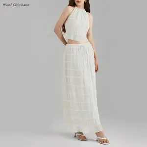 Women's Stylish and Elegant Two-Piece Textured Set - Camisole Crop Top and Long Skirt, Bohemian Style Summer Beachwear Set