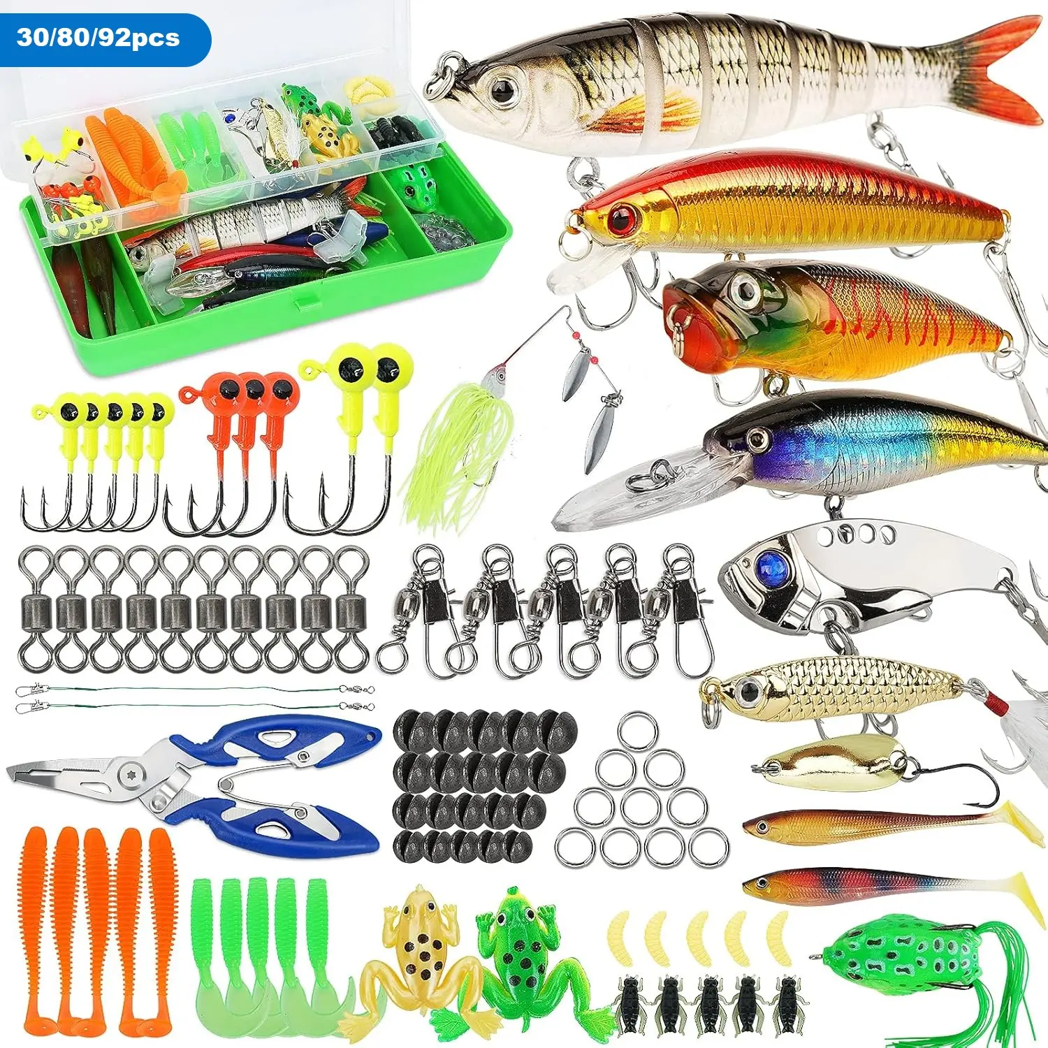 30/80/92pcs Fishing Lures Kit with Tackle Box, Fishing Gear, Crankbaits for Bass & Trout, Spinnerbaits, Soft Plastic Worms for Freshwater Fishing, Topwater Lure, Artificial Fishing Lure