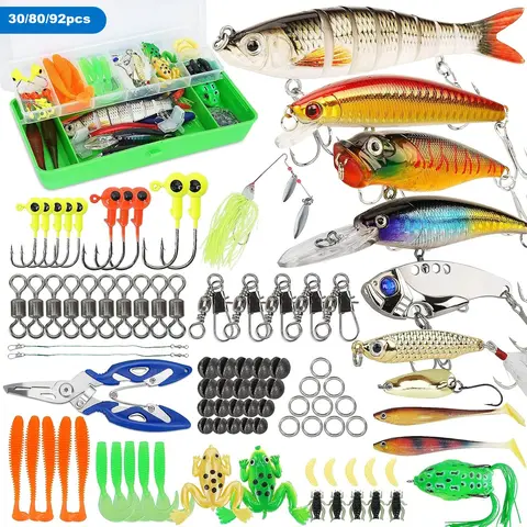 30/80/92pcs Fishing Lures Kit, Fishing Lure Set with Tackle Box, Fishing Gear, Crankbaits for Bass & Trout, Spinnerbaits, Soft Plastic Worms for Freshwater Fishing, Topwater Lure, Artificial Fishing Lure