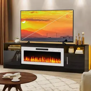 Fireplace Tv Stand With 36 Inch Fireplace Up To 80" TVs, 70" Modern Wood Media TV Console With Highlight Cabinet For Living Room, Muebles Para Sala, With Led Light And Plug