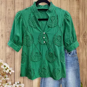 Sage Vell 100% Cotton Green Floral Embroidery Smart Puff Sleeve V Neck Blouse Stand Collar Button Loose Fit Casual Vintage Top For Daily Vacation Beach Office
