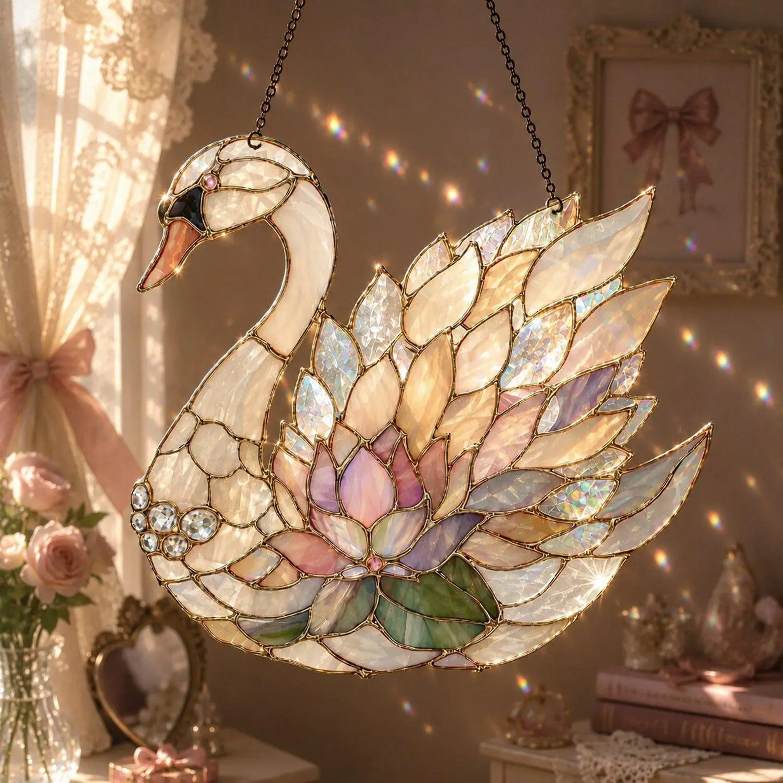 Coquette Cottagecore Stained Glass Swan Suncatcher Window Hanging, Iridescent Crystal Prism Rainbow Maker, Elegant Lotus Flower Decor, Perfect Birthday Housewarming Gift for Women