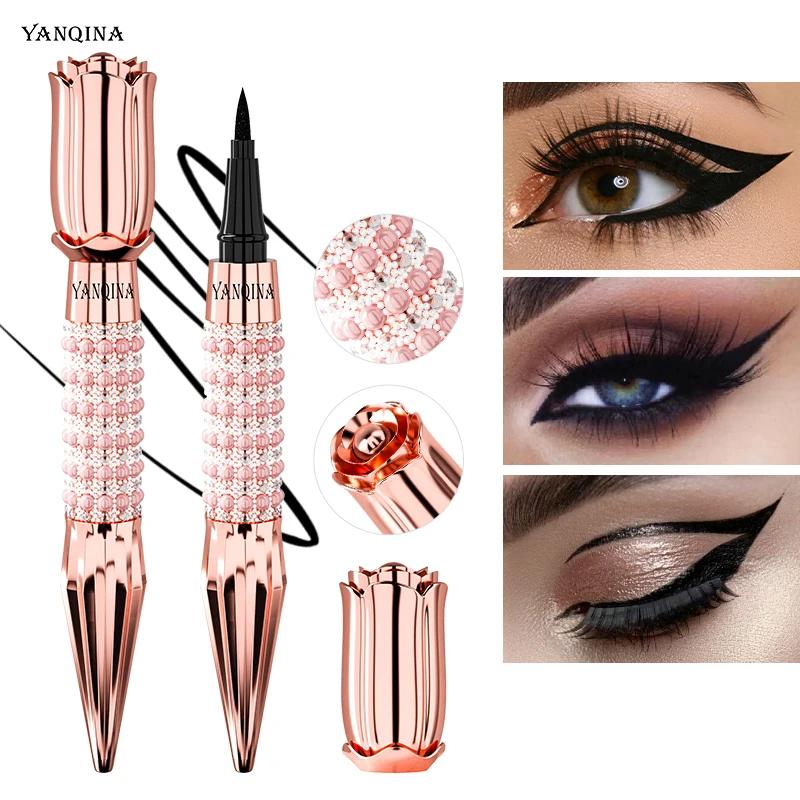 Luxury Rose Rhinestone Liquid Eyeliner Long Lasting Waterproof Smudge Proof Black Eye Liner Pen for Daily Eye Makeup Looks