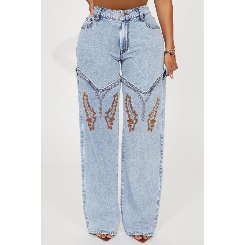 Let's Ride Western Boot Convertible Straight Leg Jeans - Light Wash