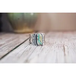 Handmade Sterling Silver Ribbon Royston Turquoise Ring | Western Stamped Statement Ring | Size 10.5