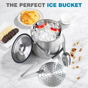 1.06-gallon ice bucket with lid, spoon, clip, and strainer; double-layer stainless steel ice bucket suitable for parties, cocktail bars, chilling wine, and champagne; large outdoor champagne ice container