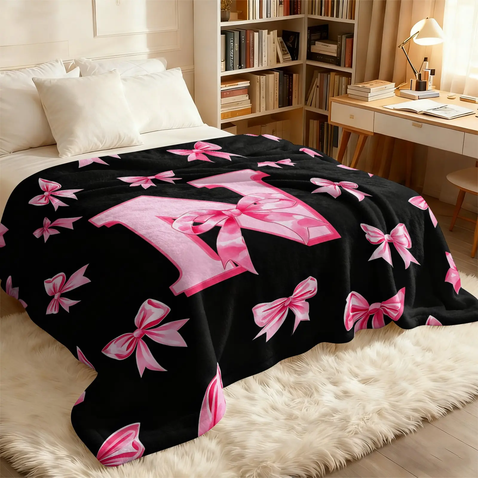 Black Pink Bow Letter N-Z Soft Flannel Blanket, Plush Throw Blanket for Sofa Bedroom Nap, Lightweight Breathable Multi-Purpose Home Leisure Blanket