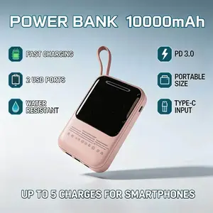 YXX14 Mini Portable Charger with Built-in Cable, 10000mAh Fast Charging Power Bank with LED Digital Display, Compact External Battery Pack with Lanyard, 3 Colors, for iPhone Samsung Android Phones Travel Daily Use