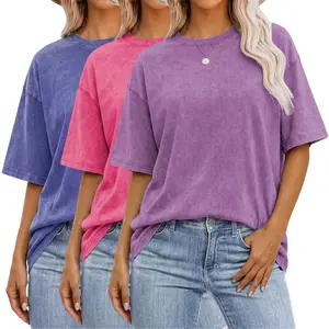 3-Pack American Vintage Washed Pure Cotton Distressed Solid Color Short Sleeve T-Shirts for Women, Summer Loose Relaxed Fit Crew Neck Tops, Suitable for Daily Commuting, Home, and Casual Wear, Plus Size Options