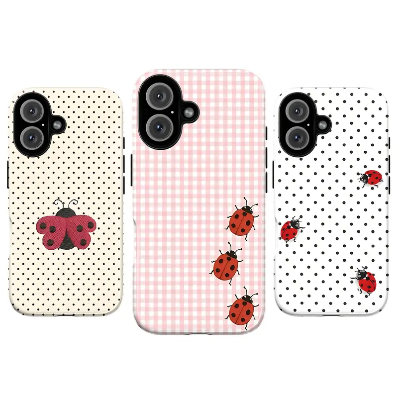 Cute Ladybug Phone Case – Polka Dot & Gingham Aesthetic Bug Art Cover for iPhone 15 14 13 12 11 Pro Max XS XR & Samsung Galaxy S21–S25 Ultra| Kawaii Red Ladybird Pattern Case, Soft Girly Cottagecore Gift for Her