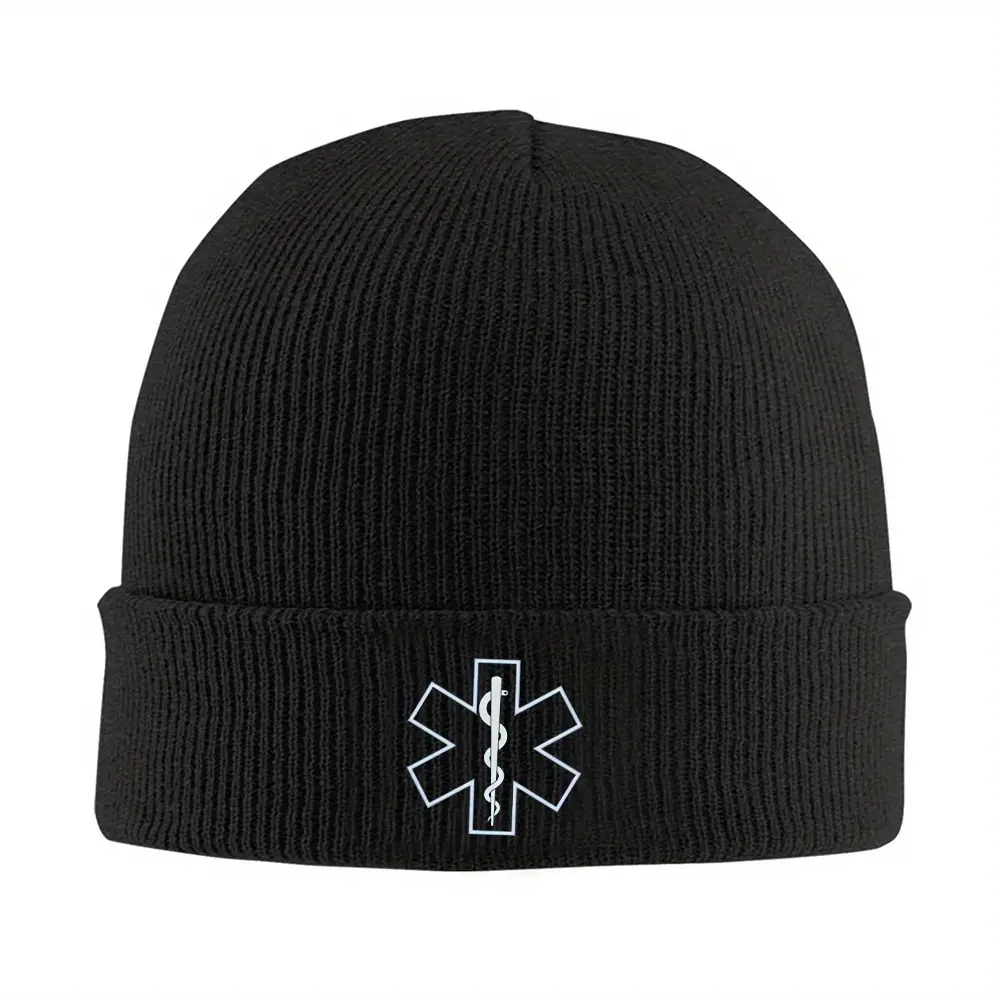 Graphic Star Logo Hat for EMS Professionals | Casual Soft Knit Headwear Offering Warmth for Outdoor Outfits, Commute, Star Of Life Ems Logo Design, Daily, Acrylic, Beanie, Breathable, Star Emblem