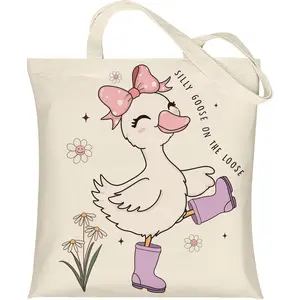 Silly Goose Canvas Tote Bag With Inner Pockets,Cute  Bag for Lunch Grocery Shopping and Beach,Women Lady Canvas  Tote,Birthday Gifts for Goose Lovers