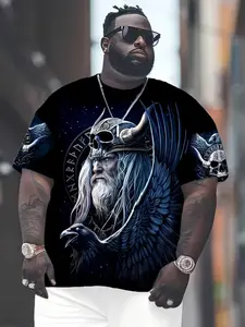 Men's Odin Warrior 3D Short Sleeve T-Shirt, Plus Size with Viking Design, Comfortable Fitted Casual Wear for All Seasons