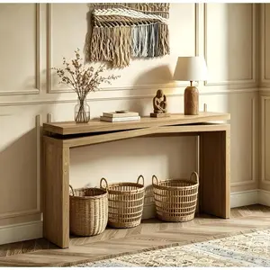 65" Farmhouse Solid Wood Veneer Console Table - Wooden Table, Natural Grain, Split Sled Design, Antique Brown Indoor Furniture, Rectangular Tabletop, 150 lbs Weight Capacity