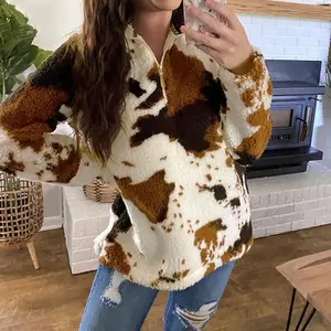 Brown Cow Print Quarter Zip Pullover Jacket