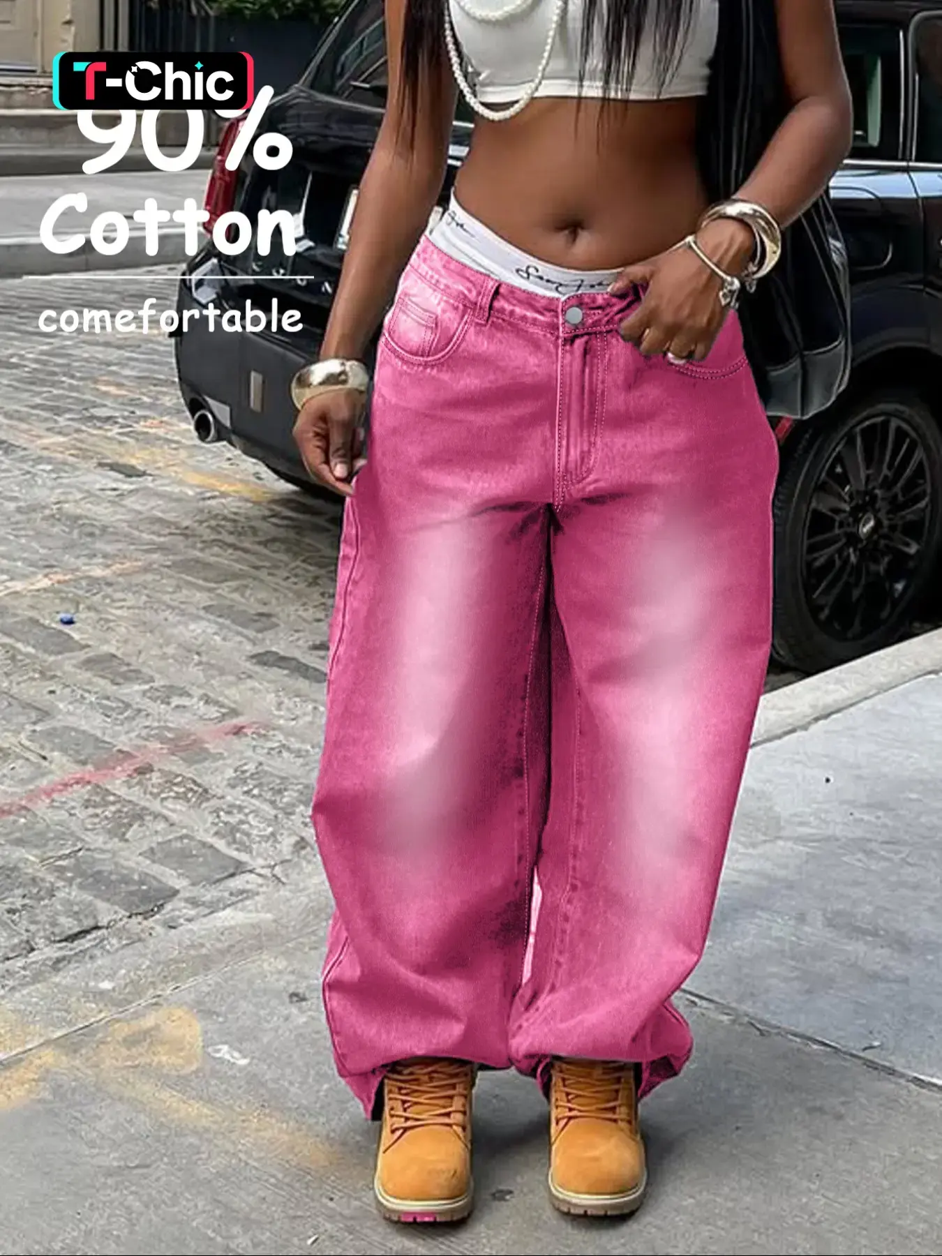 Women's Playful Hot Washed Baggy Jeans, Stretchy Coated Fabric, Low-Rise Wide-Leg Pants, Trendy, Vibrant & Aesthetic Bottoms for Festivals, Button, Trouser