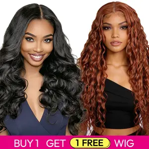 Best Deal: Buy 1 Get 1 Free Blended Human Hair Lace Front Wig | 180% Density #1B Body Wave Hair Wig & #350 Ocean Wave Wigs