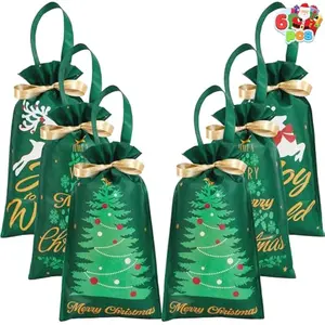 JOYIN 6 PCS Christmas Drawstring Gift Bags Present Wrap Reusable Non-woven fabrics Bags with Handle for Xmas Party Decoration Jewelry Pouch Festivals Supplies (17" x 8.5")